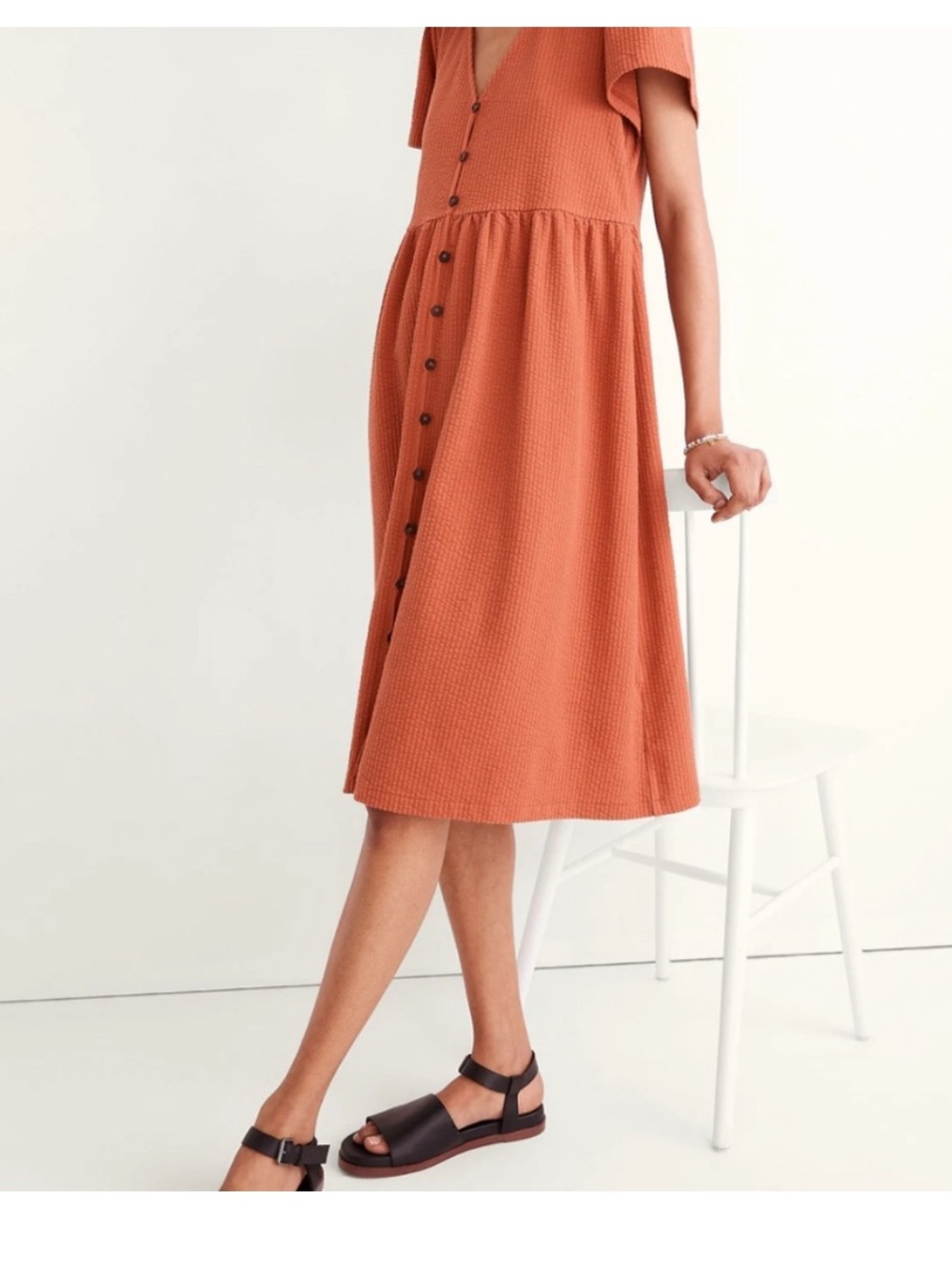 Madewell Rust Button-Front Textured Midi Dress